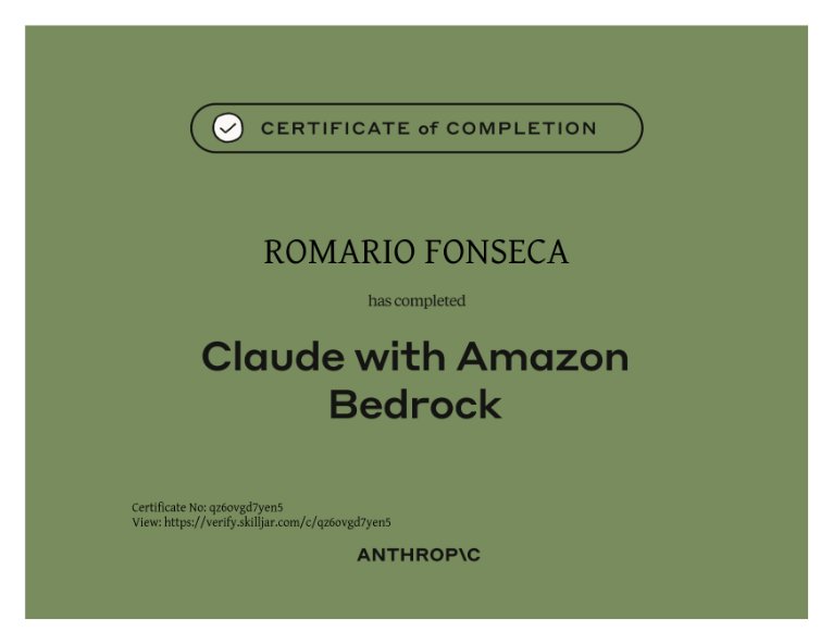 Anthropic certificate of completion, Claude with Amazon Bedrock